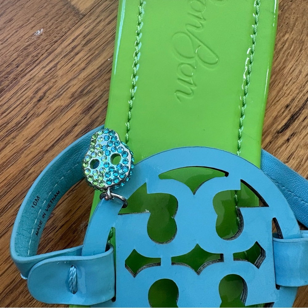 Tory Burch x BonBon Women's Miller Sandals Pineapple Blueberry Green Blue 10 - Picture 2 of 11
